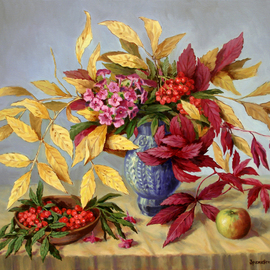 Arkady Zrazhevsky: 'Autumn leaves and branch of a phlox', 2010 Oil Painting, Still Life. Artist Description:  Autumn, leaves, still- life, mountain ash, phloxes, flowers, realism  ...