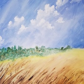 Janet Lapelusa: 'harvest time', 2019 Acrylic Painting, Landscape. Artist Description: WHEAT FIELD TREE LINE AND PUFFY CLOUDS ...