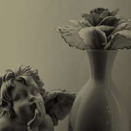 Linda Tenenbaum: 'Still Life', 2007 Other Photography, Still Life. Artist Description:  A small angel looks at a 'flower' in a vase. The flower is actually a decorative cabbage rose.  ...