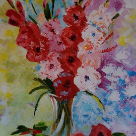 Valerie Curtiss: 'Glad All Over', 2014 Acrylic Painting, Floral. Artist Description:  Still life, a bunch of gladiolus, glads, vase, pinks, yellow, palette knife, acrylic, flowers, floral ...