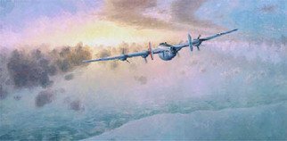 Raymond Paul Moats: 'Home Again', 1995 Giclee - Open Edition, Airplanes.  Home Again.  B- 24J, 34th Bomb Group, 8th Air ForceCanvas prints only $120. 00 ea.* by Raymond Paul MoatsThe Original oil painting on panel, 18  32 inches, and framed.   Summer 1944, and 9 hours aloft. This B- 24 wounded over the continent in the assault on Hitler' ...