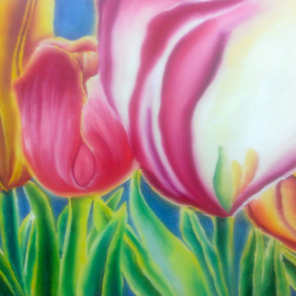 Katie Puenner: 'Tulips', 2015 Oil Painting, Floral. Artist Description:                This original oil on canvas is illustrative in style and vibrant in color. This gallery wrapped, one of a kind painting would make a great addition to any home or office.               ...