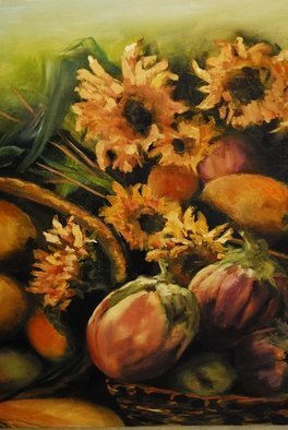 Susan Bell: 'autumn flowers', 2014 Oil Painting, Still Life.  fall harvest displayed in a basket ...