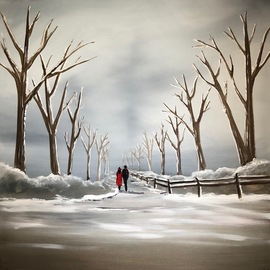 Aisha Haider: 'after the snow', 2019 Acrylic Painting, Landscape. Artist Description: A lovely winter landscape painting showing a couple taking a relaxing and peaceful walk after the snow has fallen. The painting continues over the sides sp it may be hung onto the wall without a frame. The painting has been varnished with gloss for protection. The painting has ...