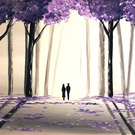 Aisha Haider: 'purple tree walk 2', 2019 Acrylic Painting, Landscape. Artist Description: A lovely landscape painting of a couple taking a relaxing walk through the purple trees on a misty day. The painting continues over the sides so it may be hung without a frame and has been varnished with gloss for protection. The painting has been signed by the ...