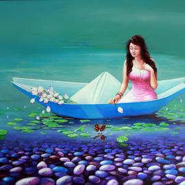 Sabir Haque: 'a journey of childhood', 2016 Acrylic Painting, Surrealism. Artist Description: Everyone Has very beautiful childhood memories. As clear as the water of lake. Like the colorful pebble stones are scattered on the bottom of the heart. I wish travel by boat from invading the childhood days. ...