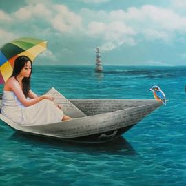 Sabir Haque: 'chithir vela', 2016 Acrylic Painting, Surrealism. Artist Description: 1470                                   Stone markings beckon the lover into the world of fantasy, where she sails in the boat of the epistles of her lover, immersed in the spectrum of colors. ...