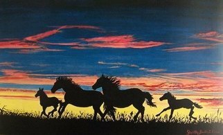 Judith Smith Wilson: 'Running Free', 2007 Watercolor, Southwestern.  Silhouette of Mustangs running at sunset. Original $550. 00.  Open Edition Prints Available $45. 00 ...