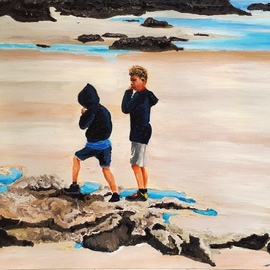 Eli Gross: 'watching a seagull floating', 2017 Acrylic Painting, Landscape. Artist Description: Children, seashore, seagull, landscape...