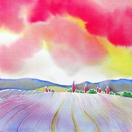 Hisayo Ohta: ' Sunset on the lavender farm', 2012 Other Painting, Travel. Artist Description:   Painting on silk.Provence, France                                                                  ...