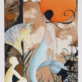 Rhoda Taylor: 'Pipe Dream', 2015 Ink Painting, Fantasy. Artist Description:    Detailed fantasyEveryone dreams and this 1920's mermaid is no exception.Flowers penned from life, everything else is imagination.Ivory mount around picture is two and a half inches wide.The painting is on firm, high quality artboard.           ...