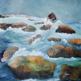 Robert Solari: 'on the rocks', 2019 Oil Painting, Landscape. Artist Description: I live near  chicago and often walk down to the  lakefront to watch the unusual patterns found in the waves. One cold and windy day I saw just how ominous water could be, I got  the idea for this . painting from imagining what trouble a boater would have ...