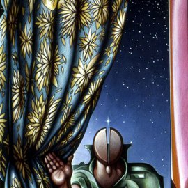 Austen Pinkerton: 'Figure with Curtain and Stars', 1983 Acrylic Painting, Portrait. 