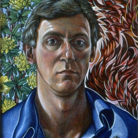 Austen Pinkerton: 'Self Portrait with Flames and Flowers', 1985 Acrylic Painting, Portrait. 