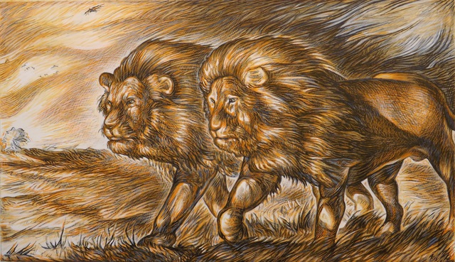 Austen Pinkerton  'TWO LIONS', created in 2015, Original Painting Ink.