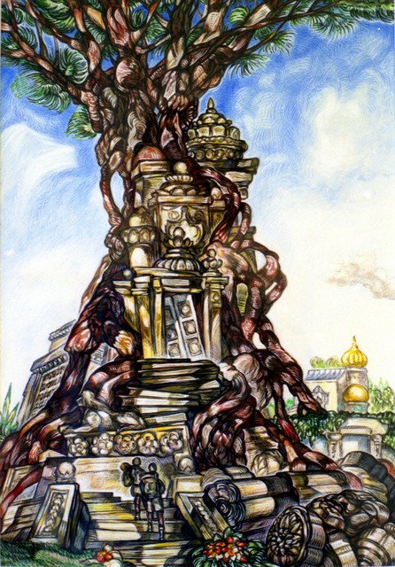 Austen Pinkerton  'Tree And Temple', created in 1999, Original Painting Ink.