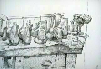 Austen Pinkerton: 'boots', 2020 Pencil Drawing, Still Life.  These boots were made for walking, that s what they re gonna do . . . . . . . . the  cobblers bench  display at Narberth Museum. 42 x 28 cm. Pencil and Blender. Narberth Art Group, Friday October 9th. ...