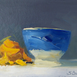 Susan Barnes: 'Sunflower with Blue Cup', 2008 Oil Painting, Still Life. Artist Description:  Oil on mat board, 5. 25 x 7. 5 inches ...