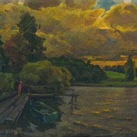 Sergey Belikov: 'Boat at sunset', 1983 Oil Painting, Landscape. Artist Description: Original oil painting on canvas, landscape in impressionistic style with the view of summer evening and boat on the water...