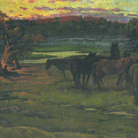 Sergey Belikov: 'at the dawn', 1981 Oil Painting, Landscape. Artist Description: Original oil painting on canvas, landscape in impressionistic style with the view of summer dawn and horses on the meadow...