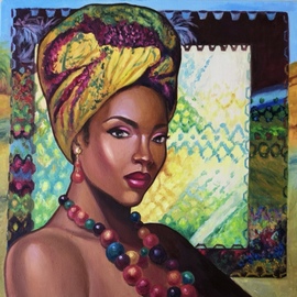 Svetlana Belova: 'gold of africa 4', 2020 Oil Painting, Surrealism. Artist Description: Portrait of a beautiful dark- skinned woman in a turban on an abstract background in the author s ethno- house style...