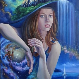 Svetlana Belova: 'surrealistic painting ohm', 2019 Oil Painting, Surrealism. Artist Description: Painting in the style of surrealism. The girl in the hat shows unity with the universe and space. ...