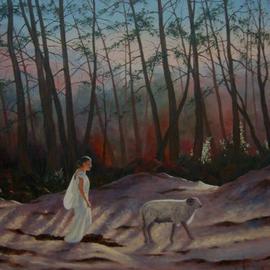 Bessie Papazafiriou: 'Selene and the White Ram', 2005 Oil Painting, Mythology. Artist Description: Selene, the moon- goddess, was loved by Pan, a pastoral god.  He transformed himself into a white ram and drew her into the woods....