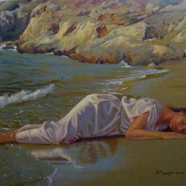 Bessie Papazafiriou: 'The Slumber of Ariadne', 2005 Oil Painting, Mythology. Artist Description: This painting is part of a series dealing with Theseus' abandonment of Ariadne on the island of Naxos.  Here Ariadne has fallen into a deep and tranquil sleep, still unaware of the fate that awaits her.THIS PAINTING WAS STOLEN FROM MY STUDIO IN CANADA IN 2010.  ...