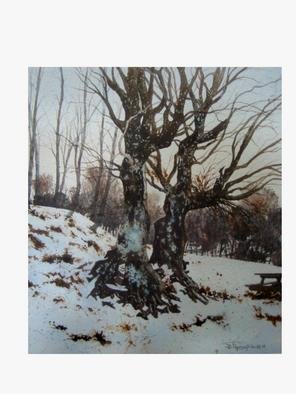 Bessie Papazafiriou: 'Two Trees In Metsovo', 2003 Lithograph, Landscape. Metsovo is a wonderful mountain village in Greece.  While exploring the surrounding woods just before sunset, I discovered these amazing trees nestled together like an old couple.CommentsUnframed...
