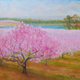 Beverly Dudley: 'Peaches  ', 2016 Oil Painting, Landscape. Artist Description:  Painted for Justin, Haleigh and Adaline AndersonMy cotton candy day    Within each of us there are many happy memories when we were children. As we go about our daily lives on occasion one these memories unexpected brings us to our childhood days. They jump into our minds ...