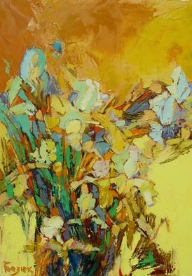 Oleg Bezyuk: 'the garden of blooming irises', 2017 Oil Painting, Expressionism. In the garden of  blooming irises A talk with the old friend What a reward to a traveler, oil on canvas, irises, Oleh Bezyuk...