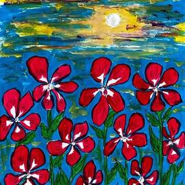 Bhuvaneswari Rajendran: 'sunset and flowers', 2021 Acrylic Painting, Floral. Artist Description: A peaceful warm evening brightened by beautiful flowers overlooking the sun. The beauty of the flowers competes with the evening sunset. ...