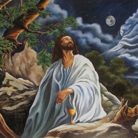 Jim Collins: 'jesus at gethsemane', 2024 Oil Painting, Christian. Artist Description: Jesus prays to God in the garden before He is taken to the cross as an angel comes to strengthen Him, from Matthew 2636- 46...