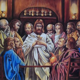 Jim Collins: 'jesus communion', 2024 Oil Painting, Christian. Artist Description: Jesus begins the covenant at the last supper of bread as His broken body for the church and the wine as His blood for the covering of our sins...