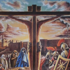 Jim Collins: 'jesus on the cross', 2024 Oil Painting, Christian. Artist Description: Jesus blood is shed on the cross of Calvary to take away the sins of the world to whomever would believe on Him as the Son of God...