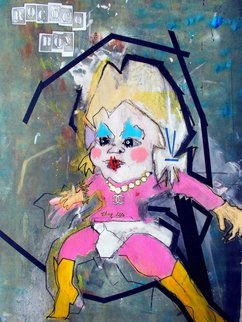 B Moody: 'ROCOCO BOY', 2014 Mixed Media, Outsider. ACRYLIC/ TAPE/ INK OVER MONOTYPE COLLAGE ON PAPER.  FIGURATIVE, OUTSIDER RIFF ON A BAROQUE BABY IN A NEO- MANNERIST WORLD...
