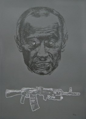 Bodo Gsedl: 'Putin and his personalized favourite gun', 2007 Pencil Drawing, Political.  This is the first work of a series dealing with world leaders who use their power against their people. Oversized portraits stand together with 