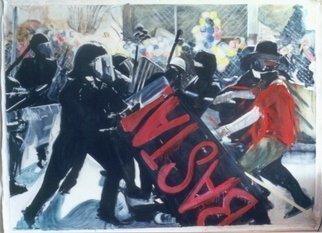 Bonie Bolen: 'Basta', 2003 Oil Painting, Political.  Painting is about World Trade protests of 1999 in Seattle. Original image by Associated Press. ...
