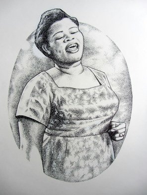 Bonie Bolen: 'Big Mama Thorton', 2013 Pen Drawing, Music.  Another original pen and ink drawing commissioned by the Blues, Jazz and Folk Music Society in Marietta, OH. The design is for their upcoming 2014 Blues Fest t- shirt design. Original not for sale but prints are available. ...