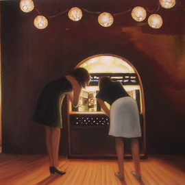 Bonie Bolen: 'Night At The Surly Girl', 2008 Oil Painting, Music. 