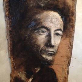 Bonie Bolen: 'Woody Guthrie', 1999 Other Painting, Music. Artist Description:   Painting of Woody Guthrie. Painted in oil and tar on burlap rice bag on found wood.       ...