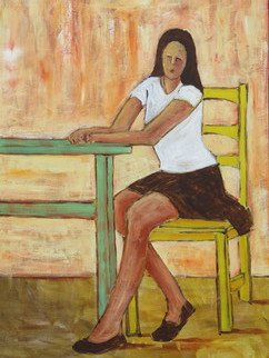 Bryce Brown: 'Girl at a Table', 2016 Acrylic Painting, Figurative.  Texture, colour, boldness, immediacy of brushwork have been applied to keep this piece bold and fresh. A classic composition rendered in contemporary form. ...