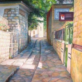 Bukhina Maya: ' Street artists', 2004 Oil Painting, Cityscape. Artist Description:   Ah! This divine street in a beautiful city Zefat where artists live and work. . . ...