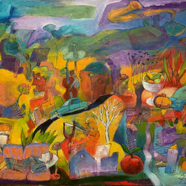William B Hogan: 'travel country blues', 2020 Acrylic Painting, Abstract Landscape. Artist Description: What inspires me is the Pandemic Covid19 that we are experiencing in 2020. I understand the terrible heart break people are experiencing. I m 81. I want to create colorful abstract representational experiences of absurdity, love, music and rhythms. ...