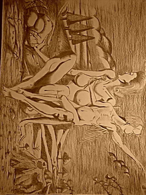 Artist Caddy King. 'Eve And Gabriel       Sepia Version' Artwork Image, Created in 2012, Original Drawing Charcoal. #art #artist