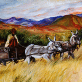 Carin Janse Van Rensburg: 'Go home', 2012 Oil Painting, Indiginous. Artist Description:   A man in a rural area in South Africa, gathering firewood on his donkey- cart, at sunset, getting ready to head home.  ...