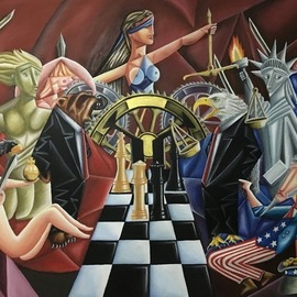 Carlos Duque: 'Cold War', 2019 Oil Painting, Surrealism. Artist Description: Carlos Duque during the elaboration of this work maintained fine care in the details and the geometry of the work.  Some imagination for world politics something beyond our interpretation.  This imaginary composition and embodied in the real world in a metaphorical way leads the viewer to consciously observe ...