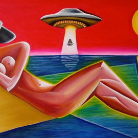 Carlos Duque: 'ufo and summer', 2022 Oil Painting, Surrealism. Artist Description: This artwork was born from an idea that sought to integrate various aspects between reality and fantasy, a nude in the sea, a spaceship and a snake. It seeks to lead the viewer to deep analysis. This artwork made with fine oils and technifying artdeco, cubism, some surrealism ...