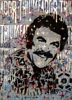 Carlos Madriz: 'tonico triunfador', 2017 Other Printmaking, Satire. Parody of menA's virility tonic using US actor Tom Selleck as the commercial image.Limited edition produced using manual printing techniques, fixing stencils cut by hand using X- Acto blades to silkscreen printing frames. Tones and shades are superimposed on each other, in a radical departure from usual silkscreen ...