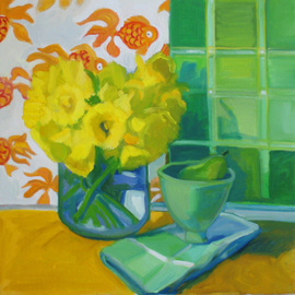 Carol Steinberg: 'Daffodils and Goldfish', 2010 Oil Painting, Floral. Artist Description:   flowers floral yellow still life daffodils goldfish  ...